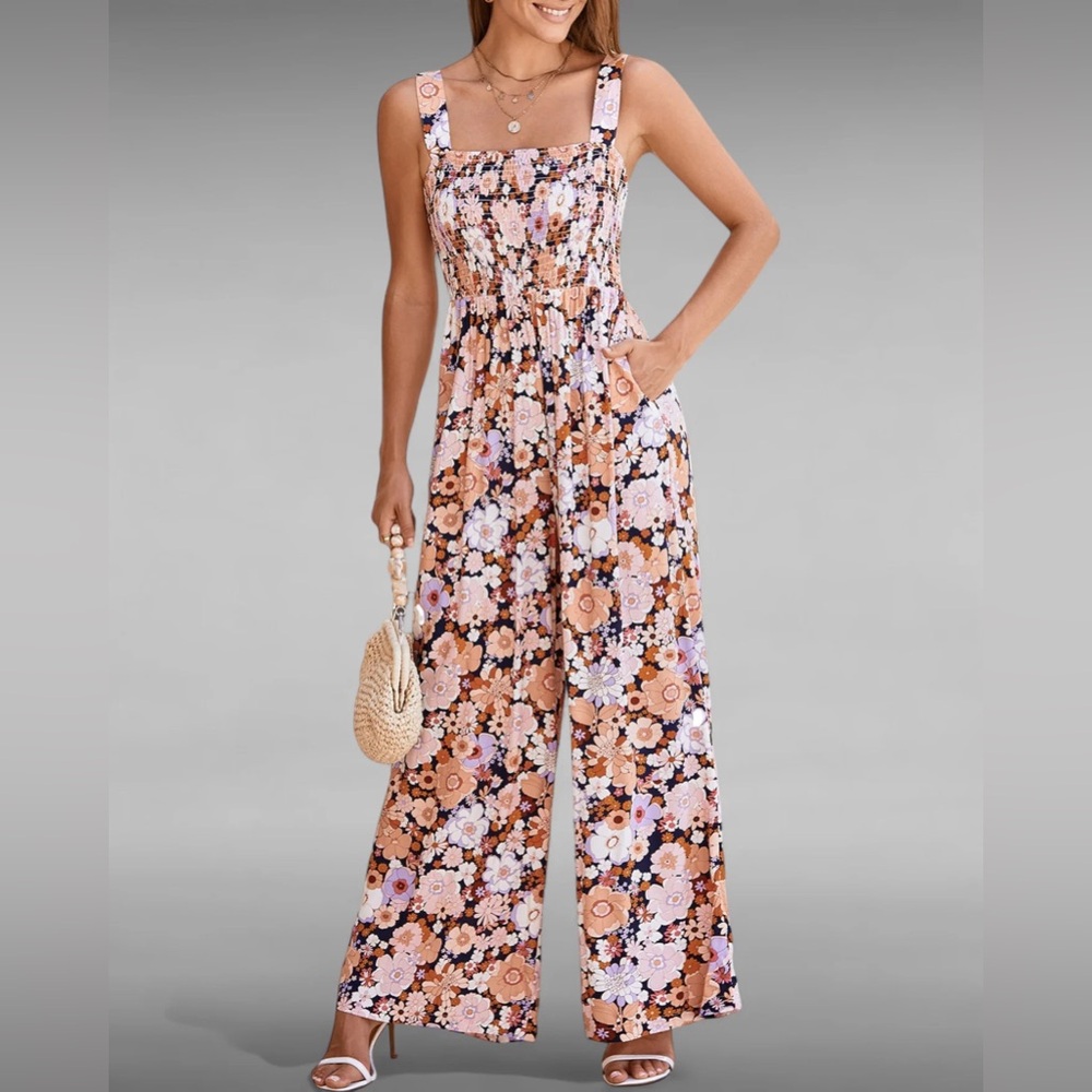 Dokotoo Floral Smocked Jumpsuit, Women’s Size Large, Boho, 70s, Cottagecore